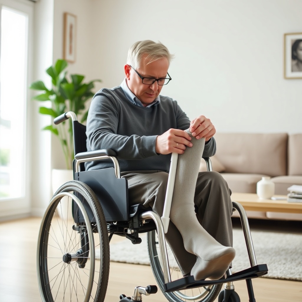 A photorealistic medium shot of a Bürger B400 user sitting in their wheelchair