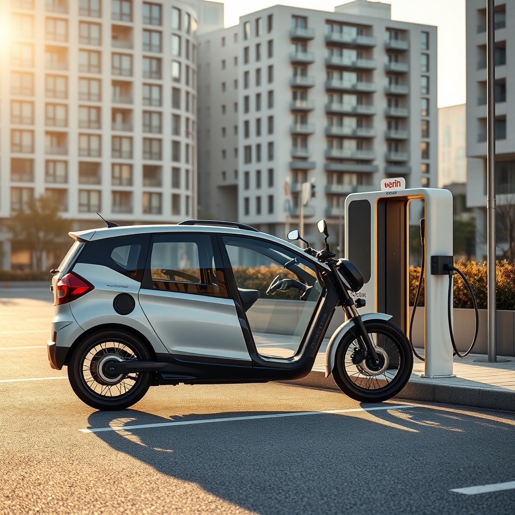 A high-quality photorealistic photo of a Bürger B400 parked next to a charging station in