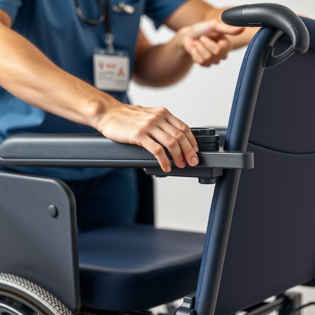 A close-up photorealistic photo of a person adjusting a padded armrest on a modern