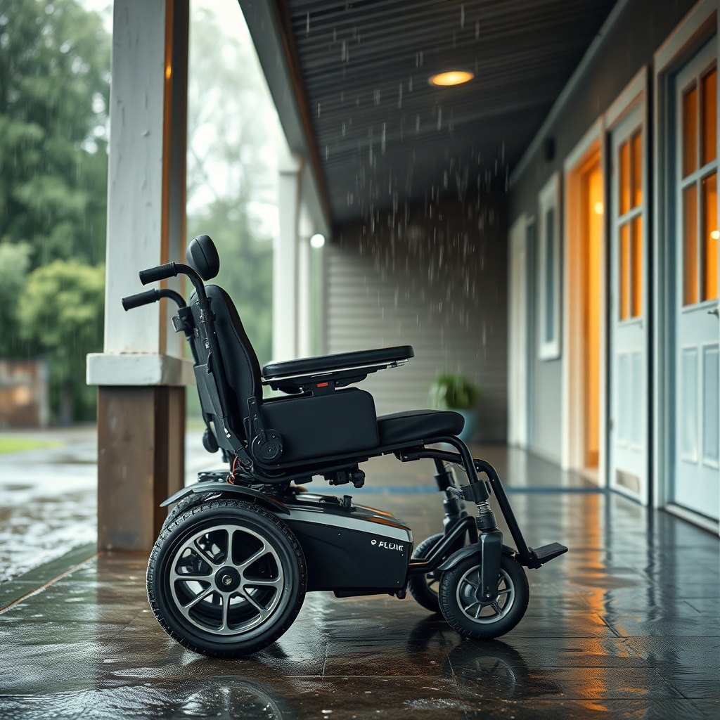 A photorealistic image of an electric wheelchair parked on a covered