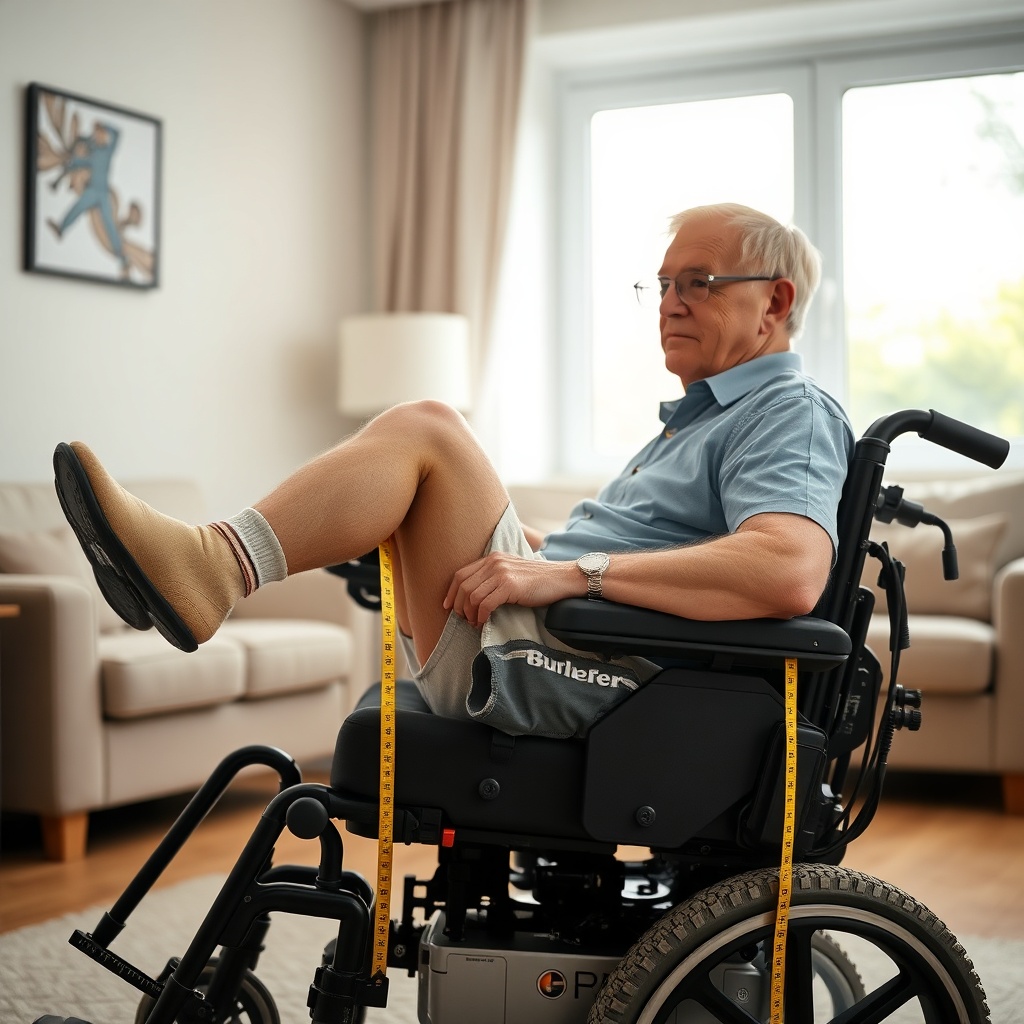 A clean photorealistic photo of a man in his 60s sitting in a Bürger B400 electric wheelch