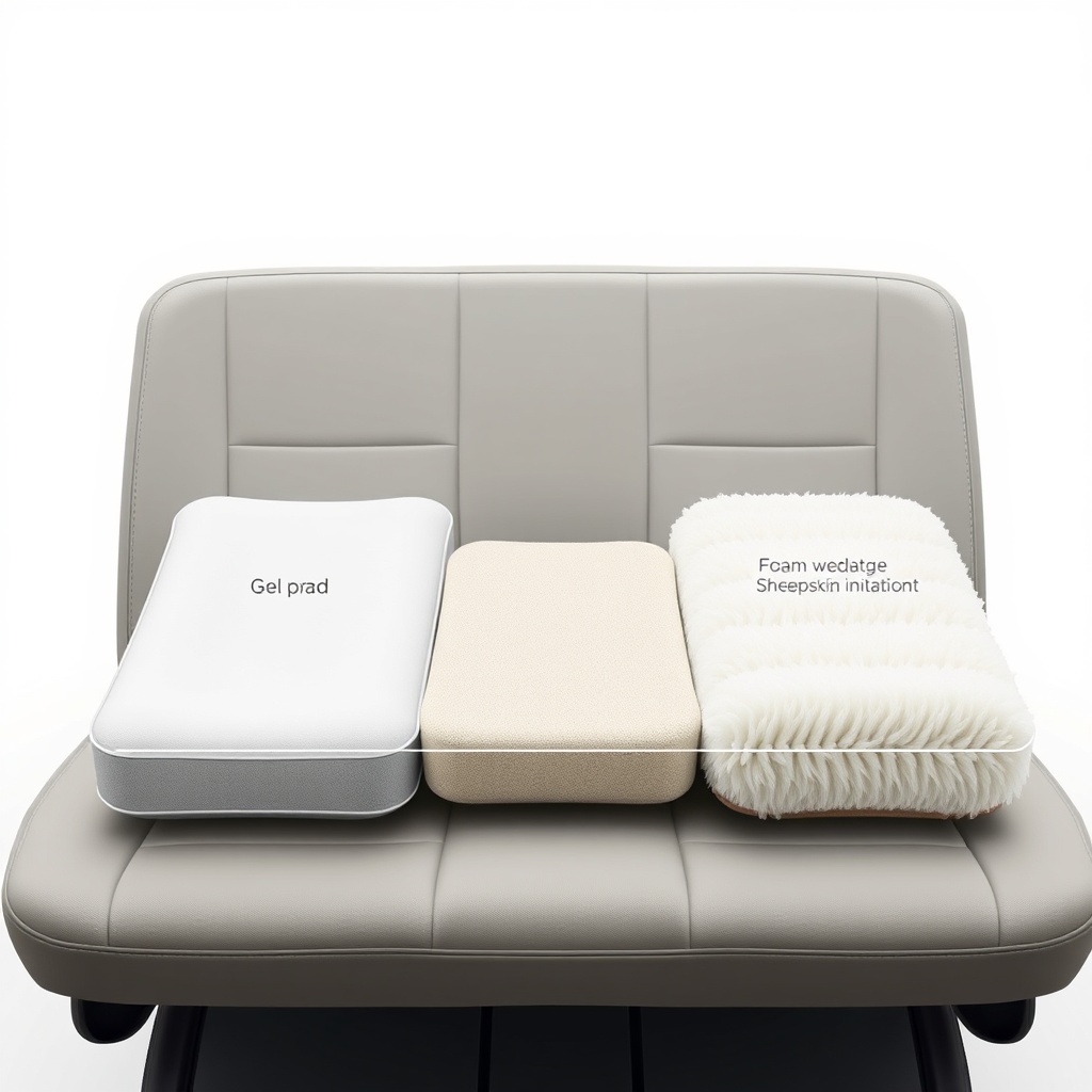 A photorealistic illustration showing three different seat cushions (gel pad