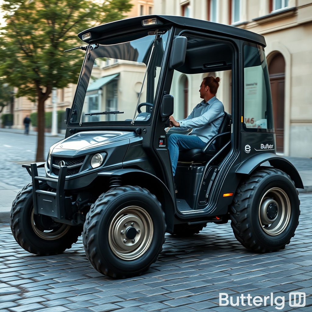 Photorealistic photo of a Bürger B400 driving on a cobblestone street