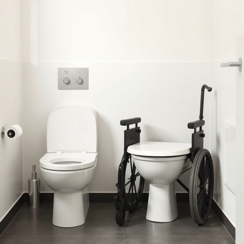 A clean photorealistic image showing a Bürger B400 parked sideways next to a white toilet