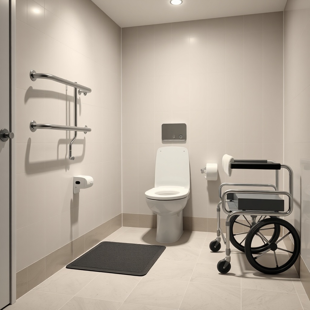 A photorealistic styled photo of a modern accessible bathroom with a Bürger B400 parked ne