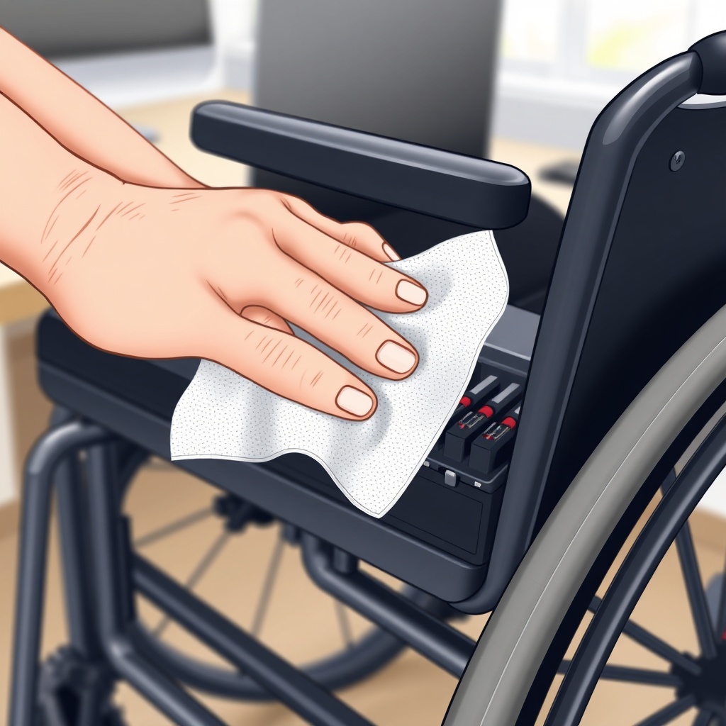 Illustration of a hands holding a microfibre cloth cleaning the battery contacts of a whee