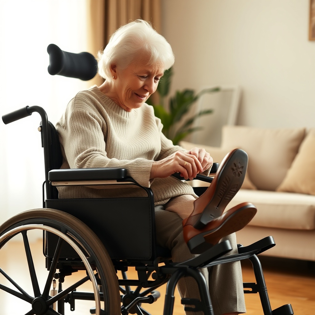 A clean photorealistic photo of an elderly woman in a beige sweater sitting in an Invacare