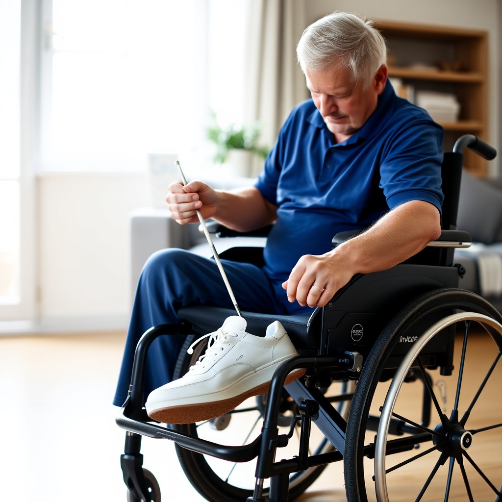A clean photorealistic photo of a man in his 60s sitting in an Invacare Köln 100 wheelchai