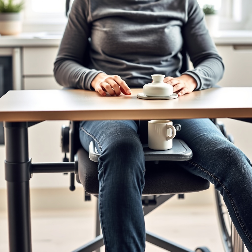 A clean photorealistic photo of a person sitting in an Invacare Köln 100