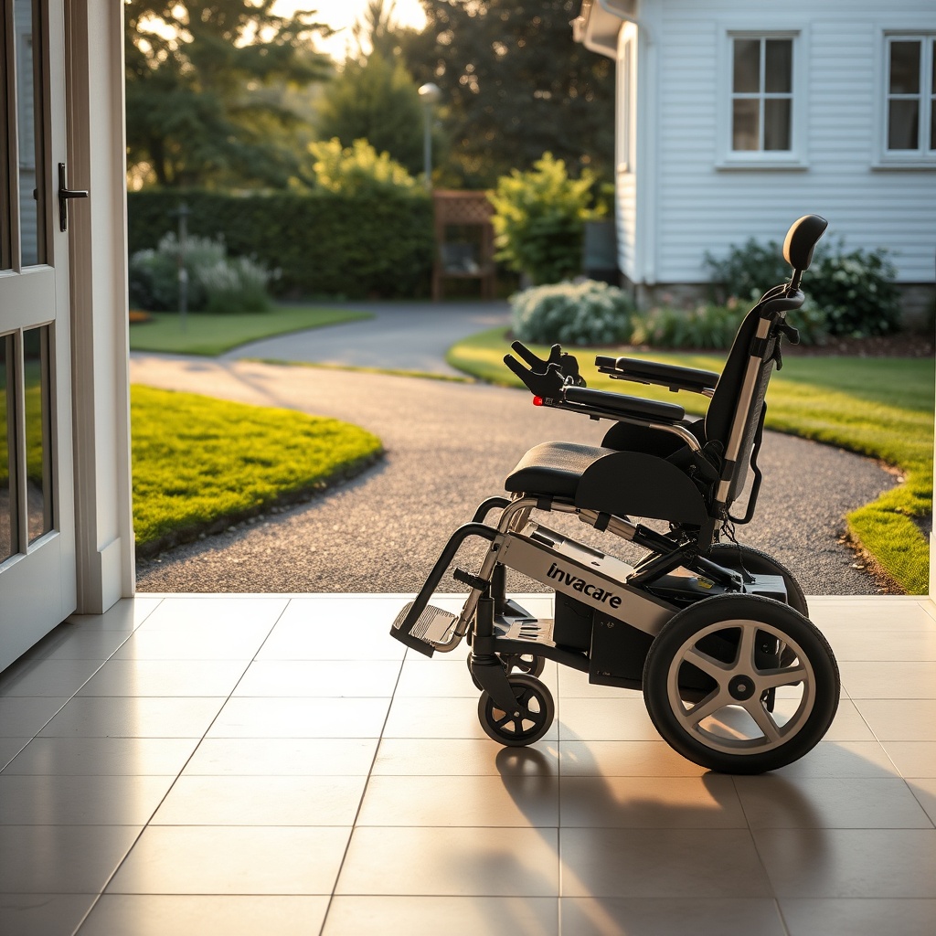 A photorealistic photo showing an Invacare Köln 100 electric wheelchair transitioning from