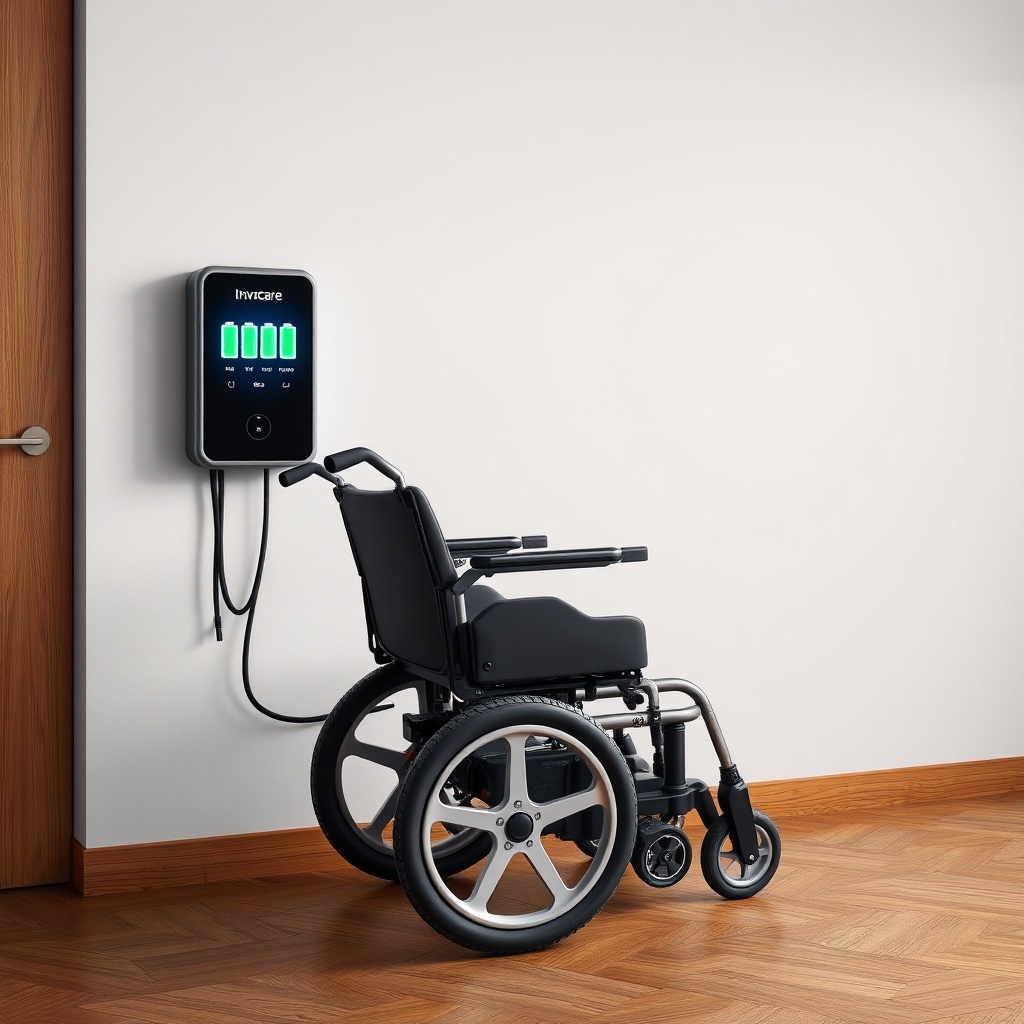 A photorealistic illustration showing an Invacare Köln 100 electric wheelchair parked next