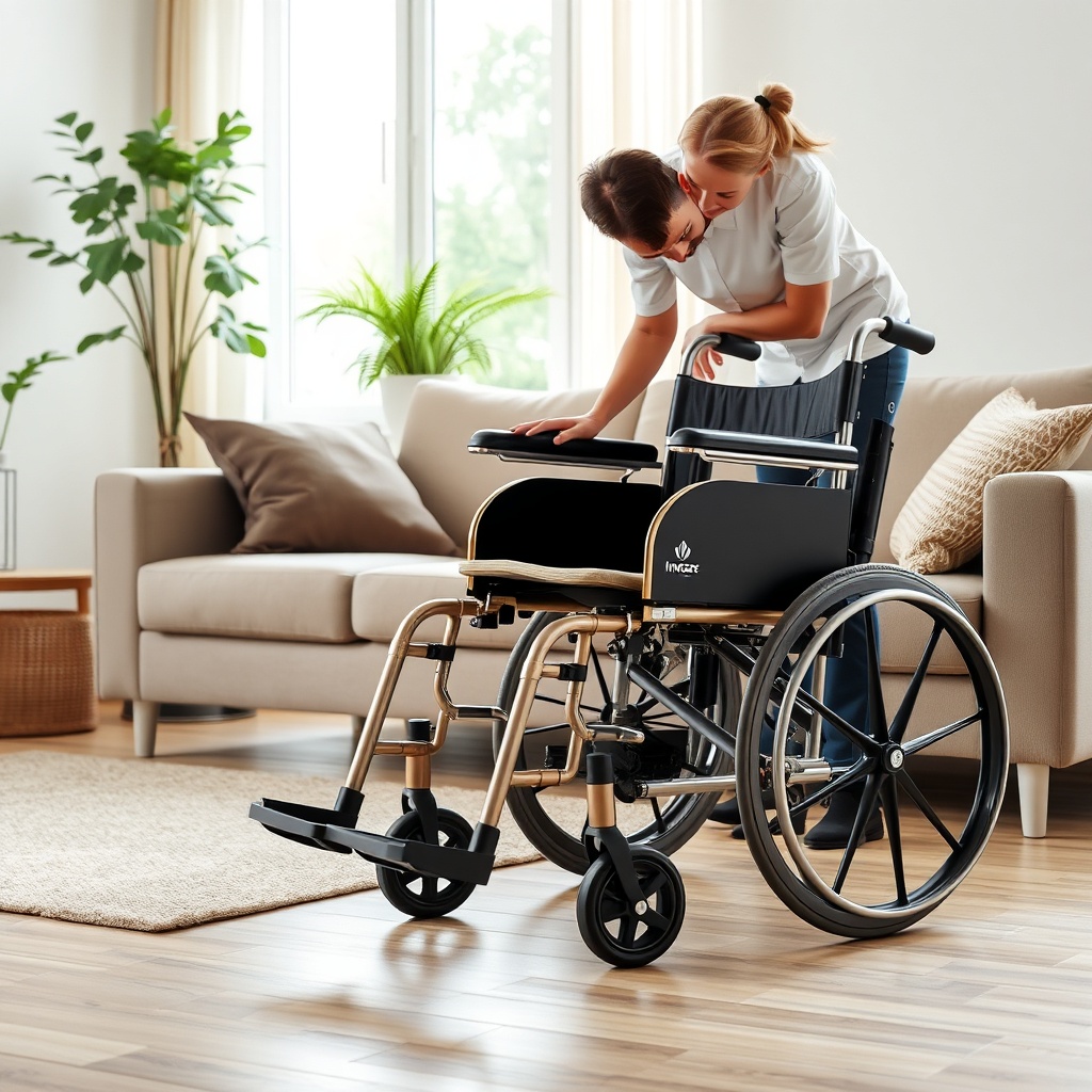 A photorealistic photo of a beige Invacare Köln 100 folding wheelchair placed in a bright