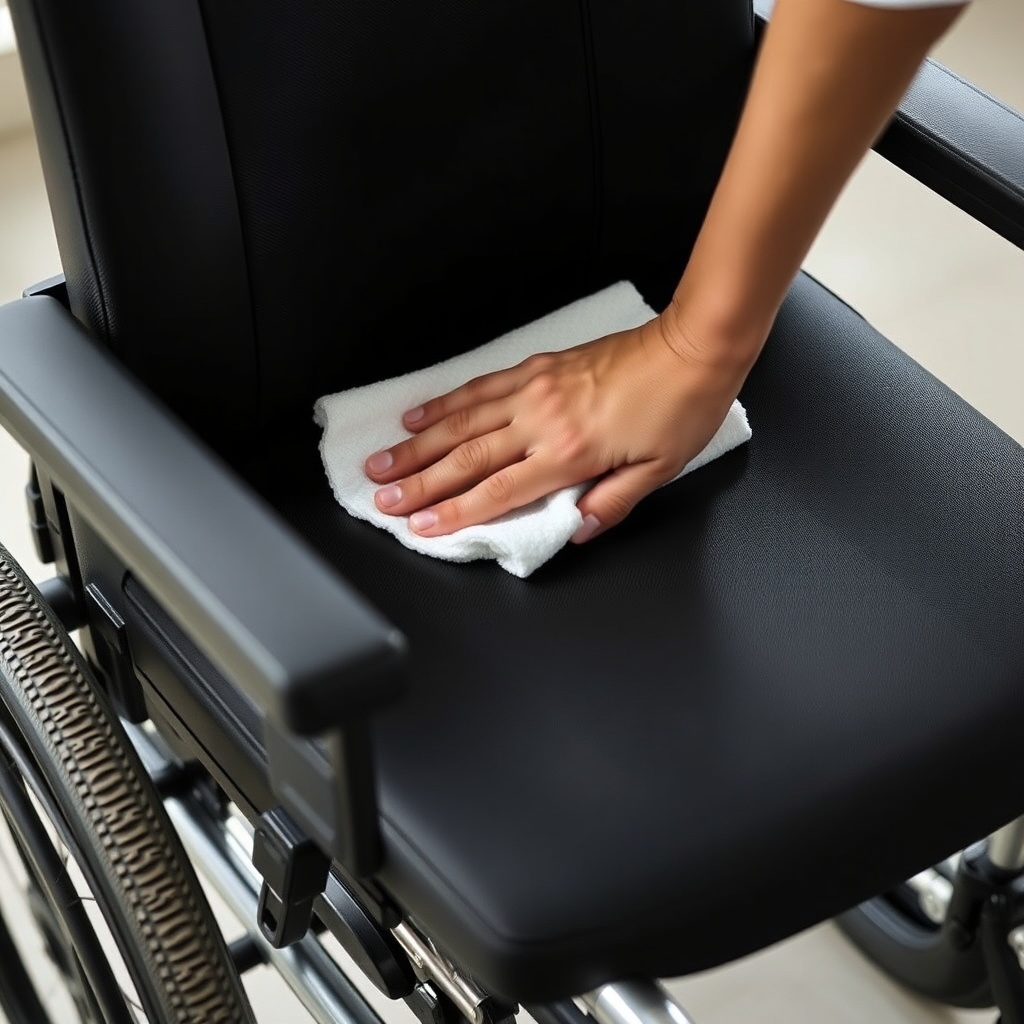 A clean photorealistic photo of a person wiping the black seat cushion of an Invacare Köln