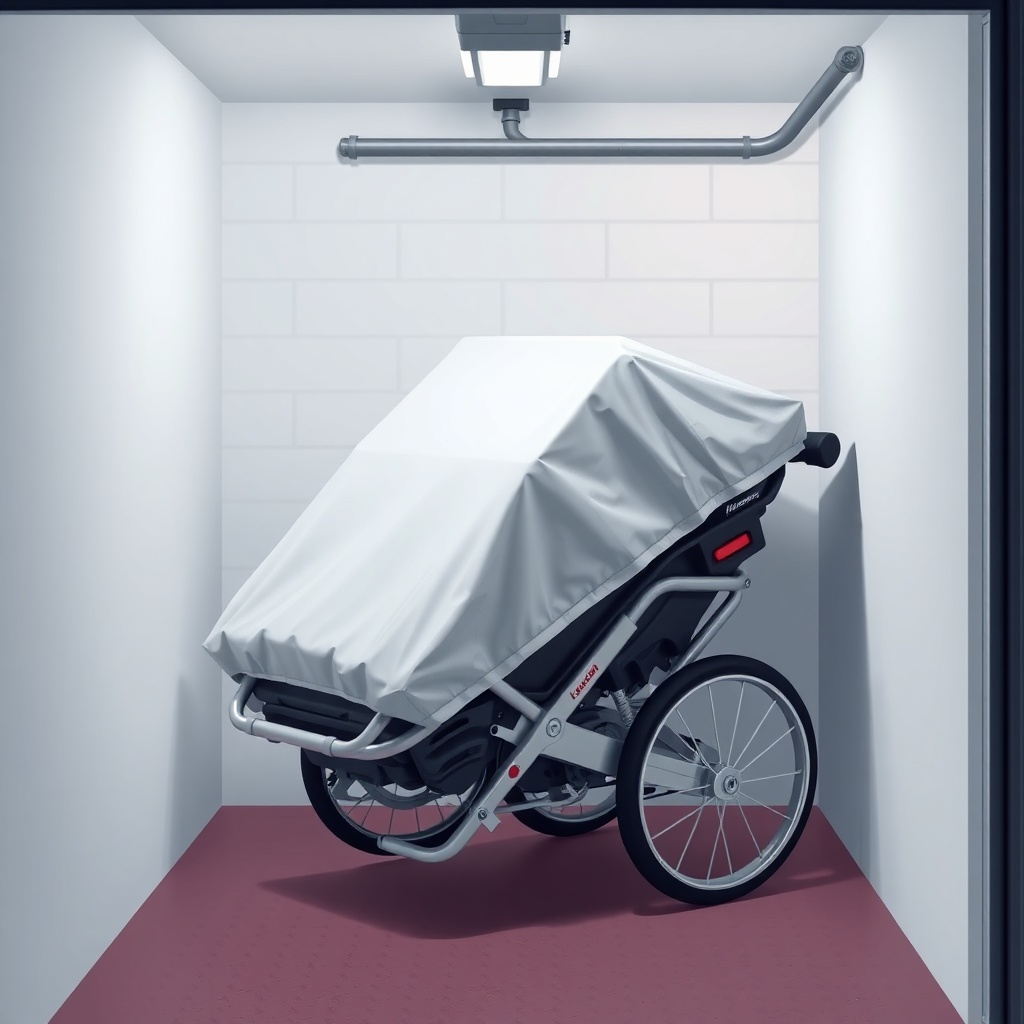 A clean photorealistic illustration showing a folded Invacare Köln 100 stored in a dry gar