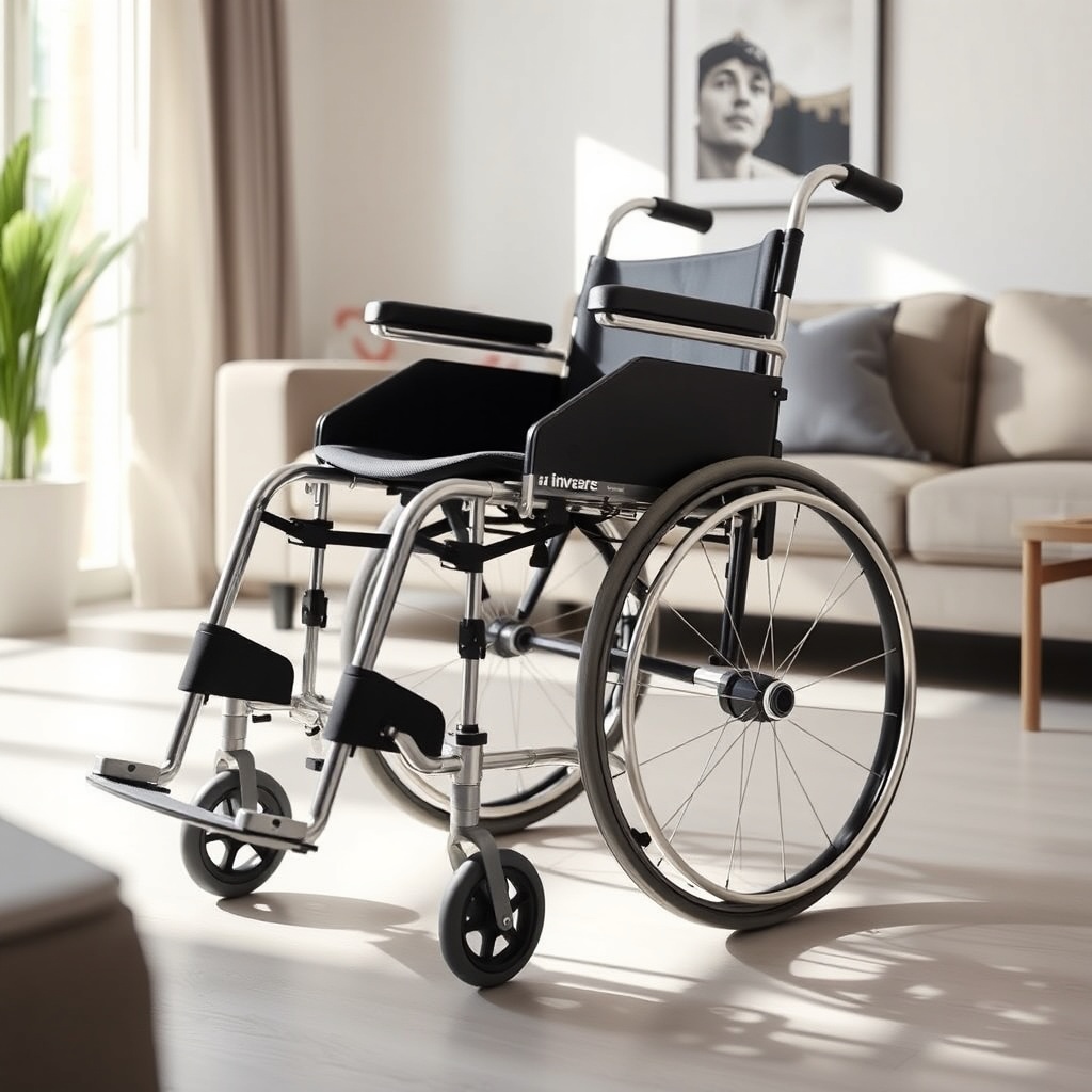 A clean photorealistic photo of a silver and black Invacare Köln 100 wheelchair positioned