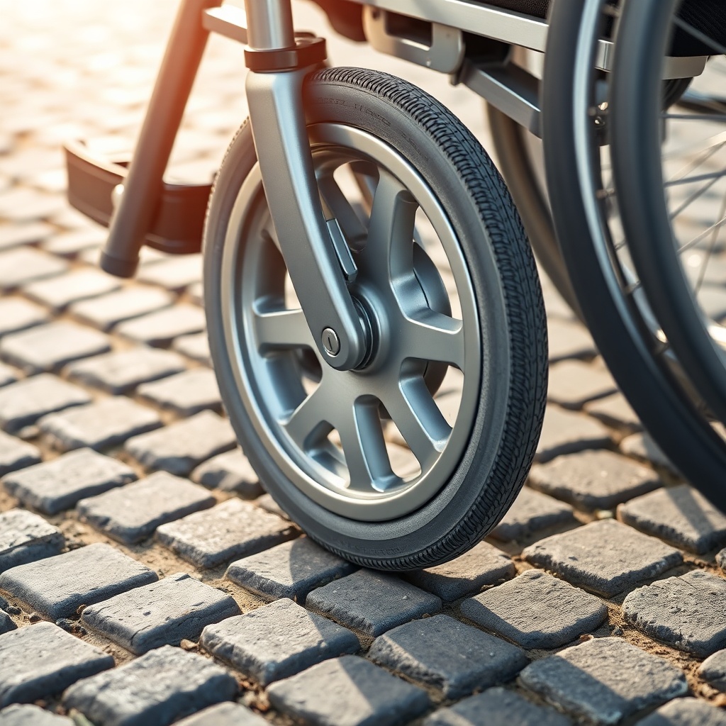 A photorealistic detail shot of an Invacare Köln 100 wheelchair front caster wheel on a co