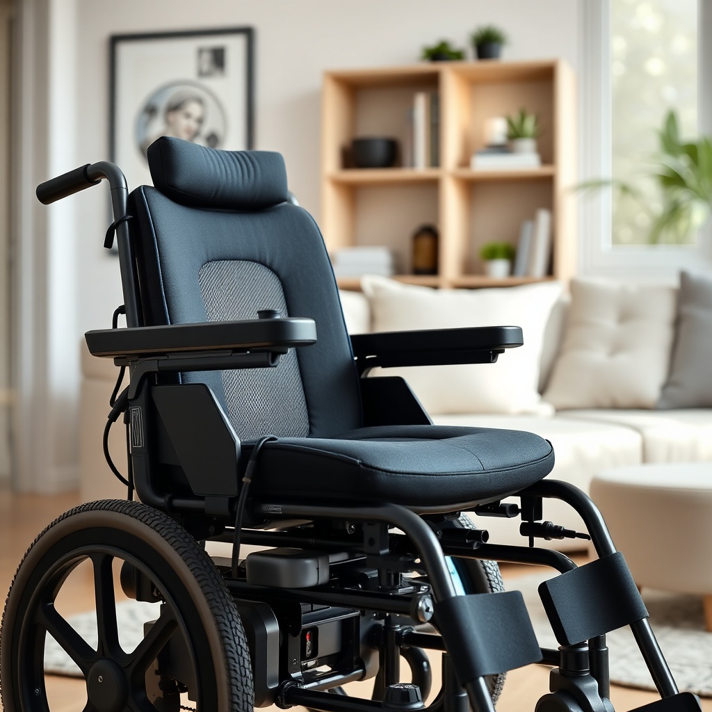 A clean photorealistic photo of a dark grey Invacare Köln 100 electric wheelchair in a bri