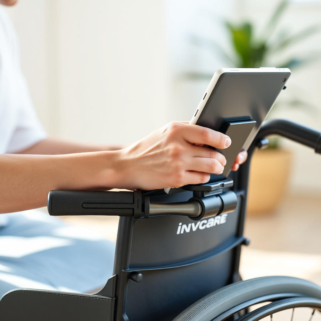 A photorealistic photo showing a person using a tablet mounted on a clamp-style holder att