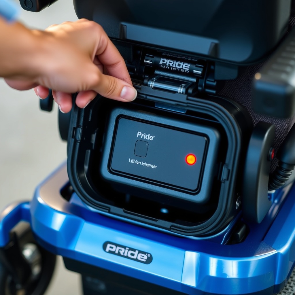 A close-up photorealistic photo of a Pride Go-Chair’s battery compartment being opened by