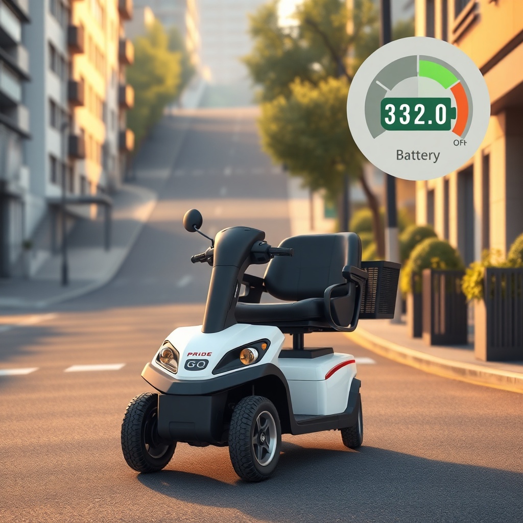 A photorealistic illustration showing a Pride Go-Chair on a hilly city street with a batte