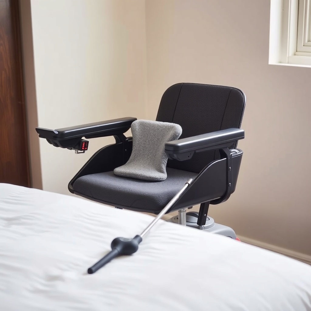 A photorealistic photo of a Pride Go-Chair parked next to a bed
