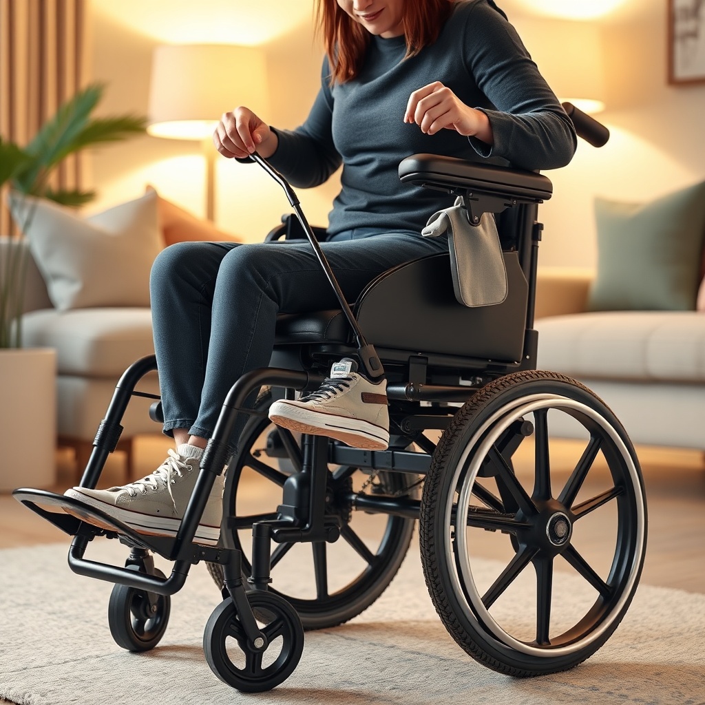 A photorealistic illustration of a Pride Go-Chair user sitting in the wheelchair