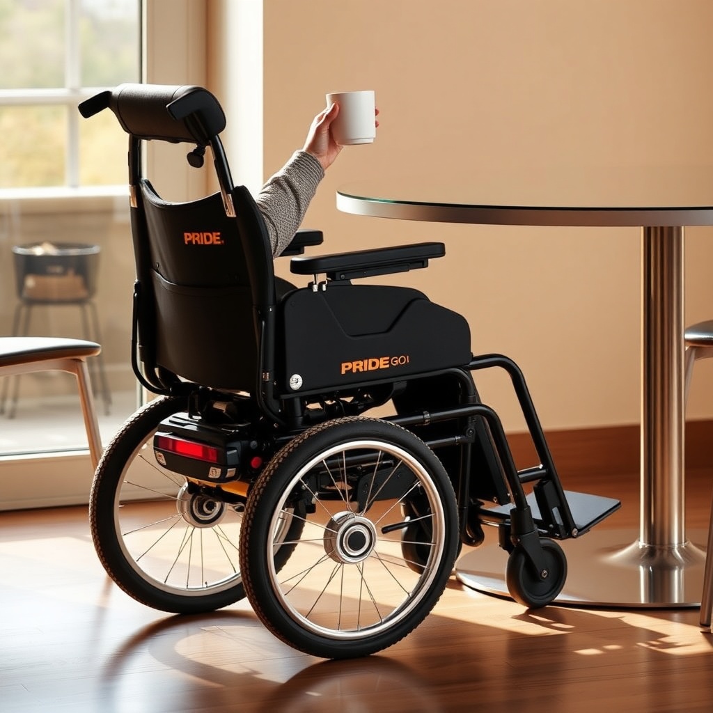 A photorealistic photo of a Pride Go-Chair parked at a modern dining table
