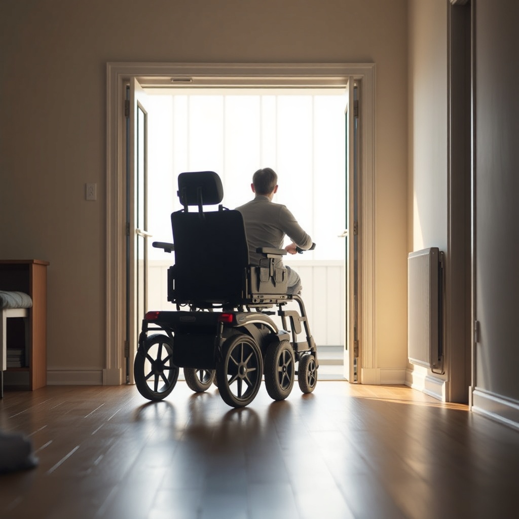 Fotorealistische Aufnahme des Pride Go-Chairs beim Manövrieren durch eine enge Wohnungstür