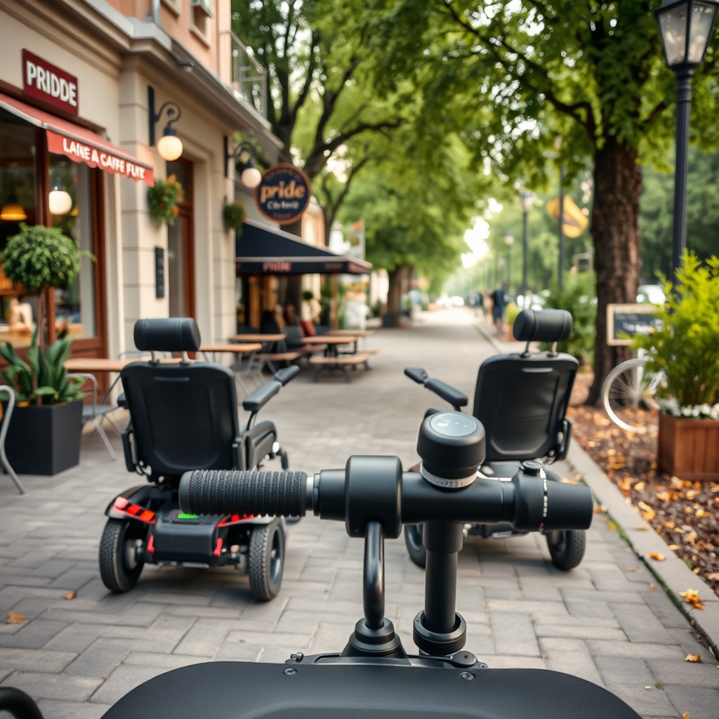 Fotorealistischer Bildausschnitt des Pride Go-Chairs auf einem gepflasterten Bürgersteig v