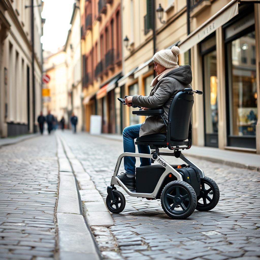 A photorealistic photo of a Pride Go-Chair in a European cobblestone alley