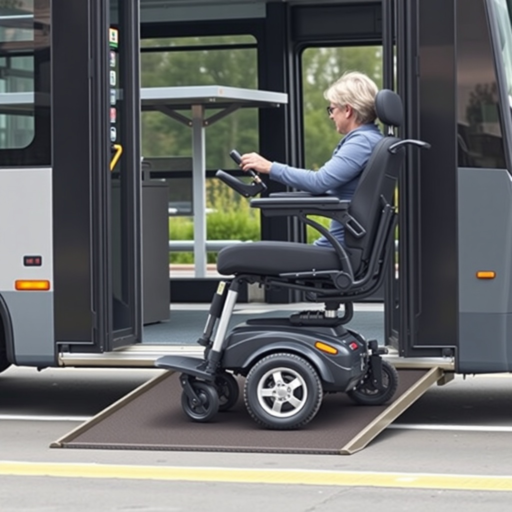 A photorealistic image of a Pride Go-Chair positioned on a modern city bus ramp