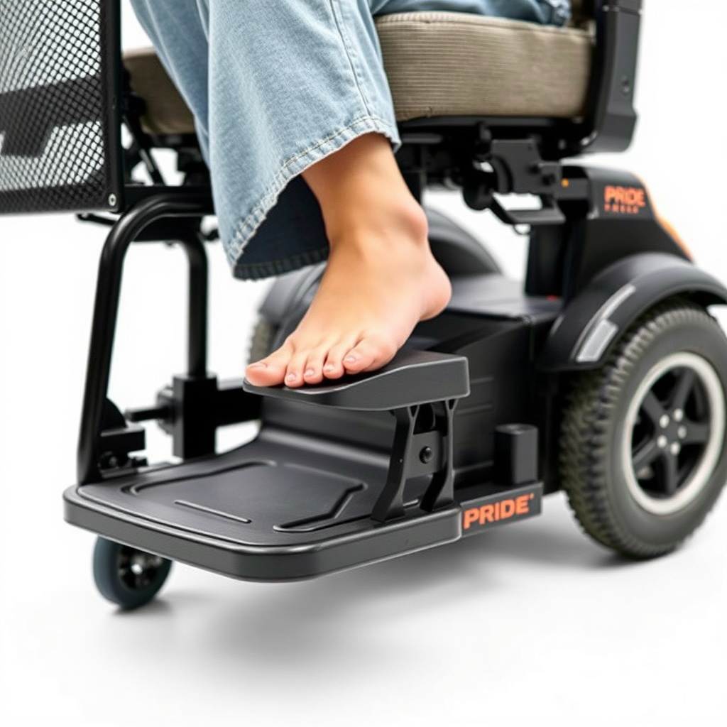 <clean photorealistic photo of a Pride Go-Chair with its footrest adjusted to the correct