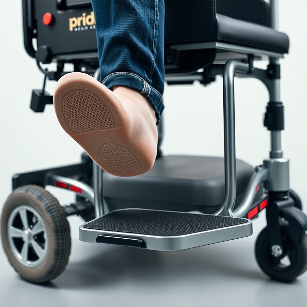 <clean photorealistic photo of a poorly adjusted footrest on a Pride Go-Chair