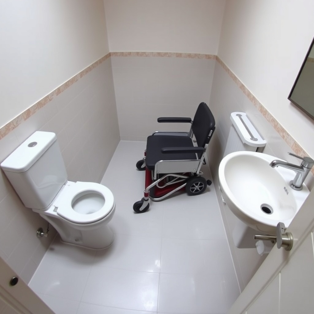 A wide angle photo of a small to medium sized bathroom with a white toilet on the left