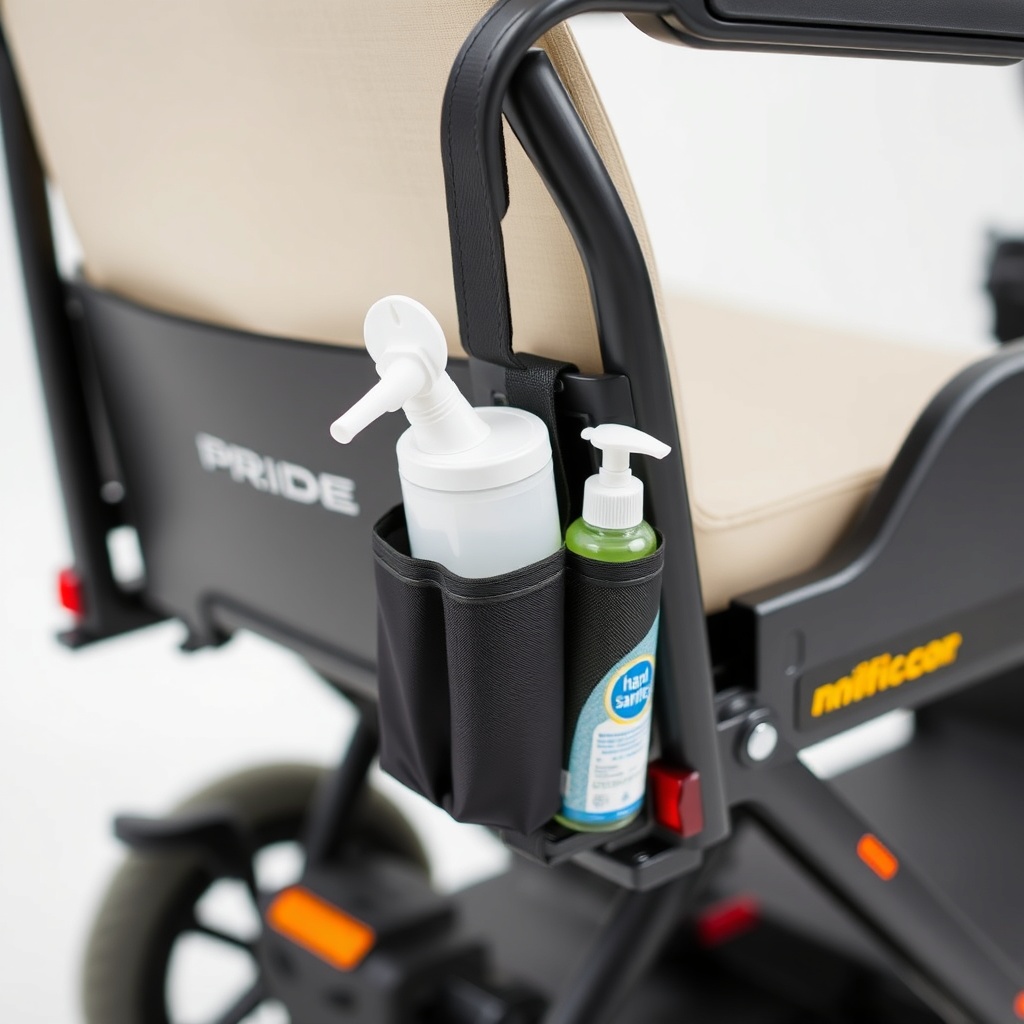 A close-up photo of a Pride Go-Chair with a small mounted bag containing a dispenser of di