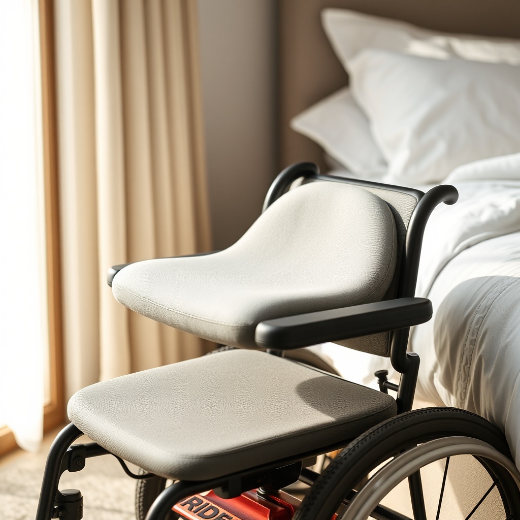 A close-up photorealistic photo of a Pride Go-Chair with a grey gel cushion on the seat